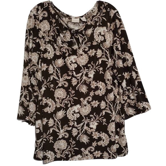 Chico's Women's Tunic Top Brown Floral Twist Keyhole Neckline Size 3 (XL) - Picture 1 of 10
